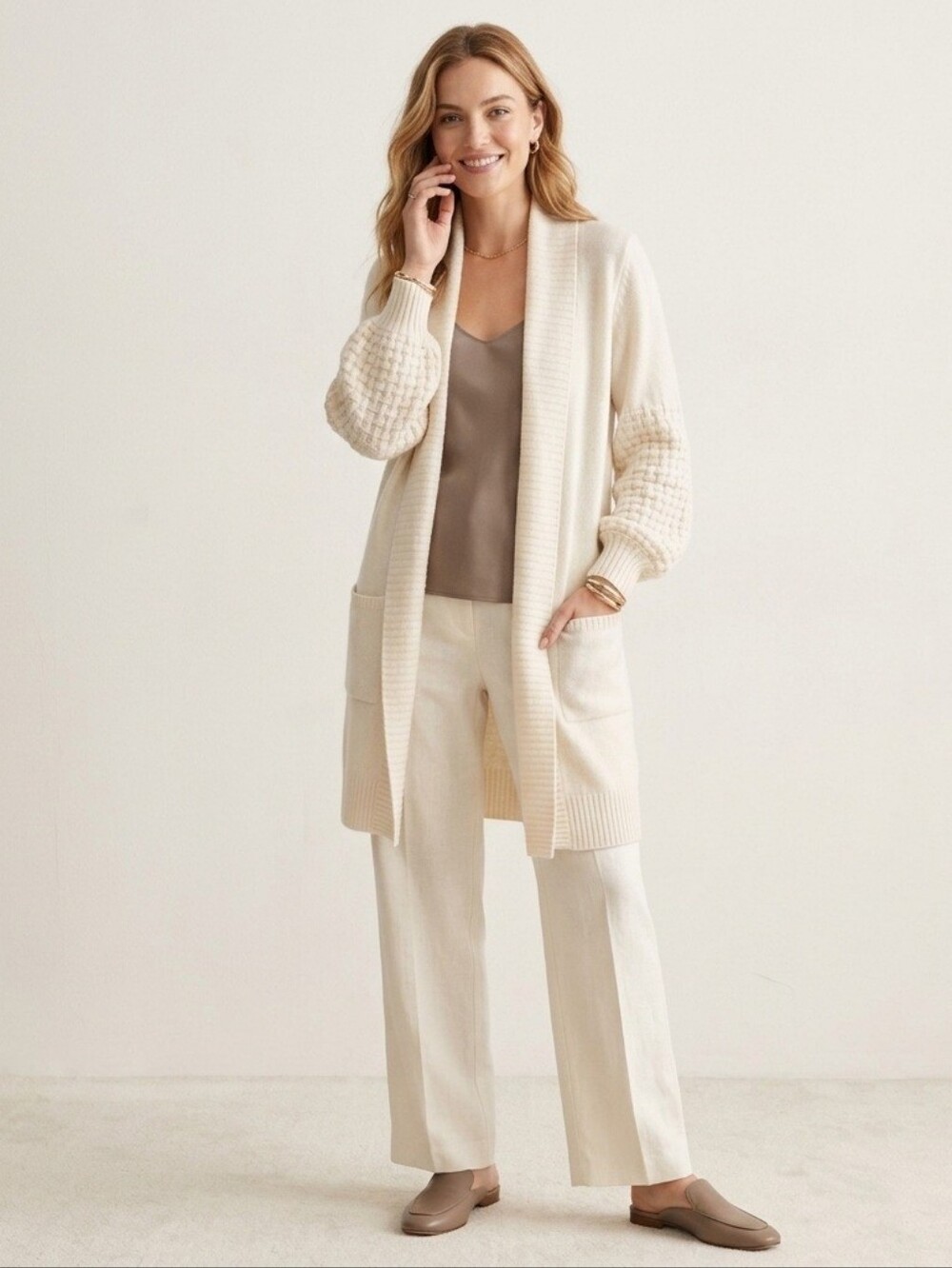 Wonderly Womens Open Front Knit Long Shawl Collar Cream Cardigan Size Medium NWT